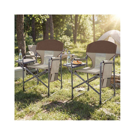 Folding Director's Chair with Side Table and Cup Holder, Brown-Grey, 180 kg