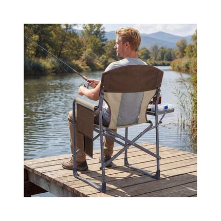 Folding Director's Chair with Side Table and Cup Holder, Brown-Grey, 180 kg