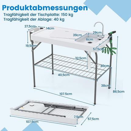 Folding Fish Cleaning Table with Sink & Shelf – White