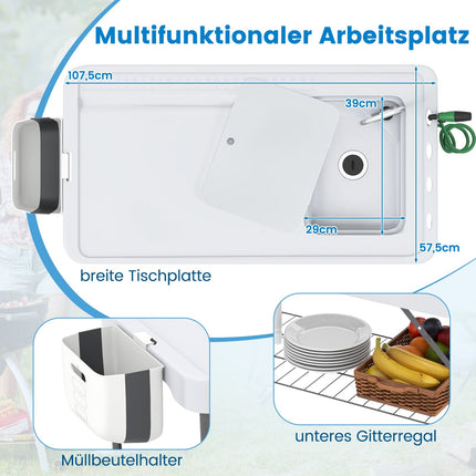 Folding Fish Cleaning Table with Sink & Shelf – White
