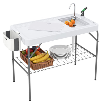 Folding Fish Cleaning Table with Sink & Shelf – White