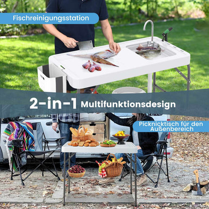 Folding Fish Cleaning Table with Sink & Shelf – White