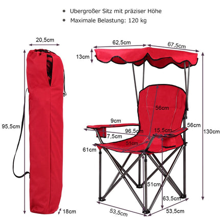 Klappbarer Angelstuhl mit Getränkehalter für Terrasse, Strand, Camping, 96,5 x 67,5 x 130 cm, Rot
