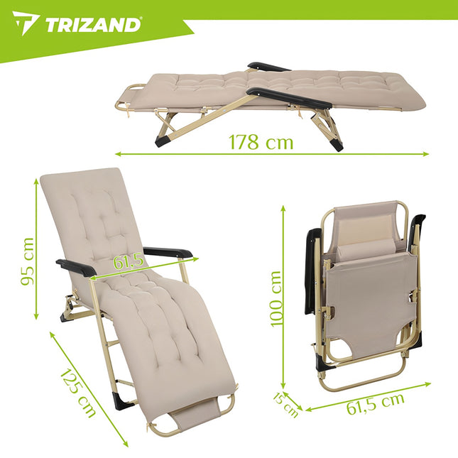 Klappbare Gartenliege mit Auflage, 3-fach verstellbar, Beige