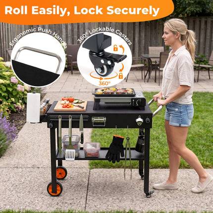 Folding Grill Cart for 17/22 Inch Griddles, Black Steel
