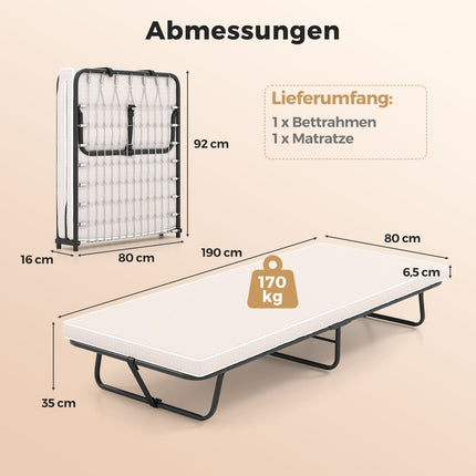 Klappbares Gästebett mit Memory Foam Matratze, 190x80 cm