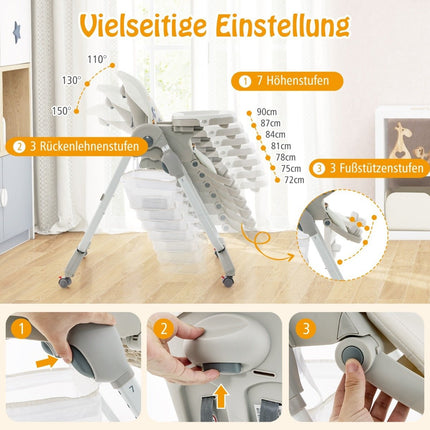 Folding High Chair with Wheels & Adjustable Height & Footrest & Backrest Baby Seat White