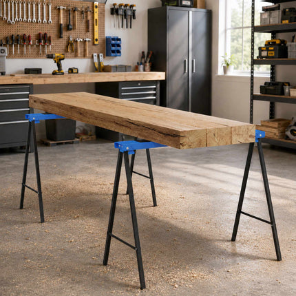 Folding Metal Sawhorse Set of 2 with Anti-Slip Pad, Up to 250 kg, Blue