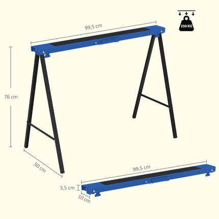 Folding Metal Sawhorse Set of 2 with Anti-Slip Pad, Up to 250 kg, Blue