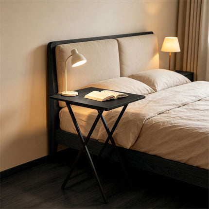 Folding Metal Side Table with Wood-Effect Top, Black