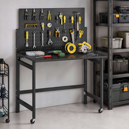 Folding Mobile Workbench with Pegboard, Wheels, Black