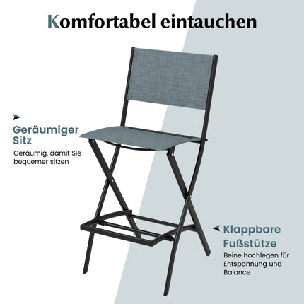Folding Outdoor Bar Stools Set, Blue, With Backrest & Footrest