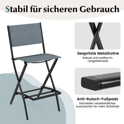Folding Outdoor Bar Stools Set, Blue, With Backrest & Footrest