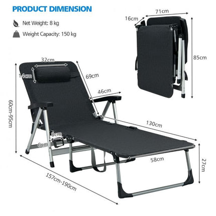 Klappbare Outdoor-Chaiselongue – Kissen, Getränkehalter, Schwarz