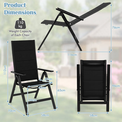 Klappbarer Outdoor-Esszimmerstuhl, gepolsterte Sitzfläche, 7-fach verstellbare Rückenlehne, Schwarz
