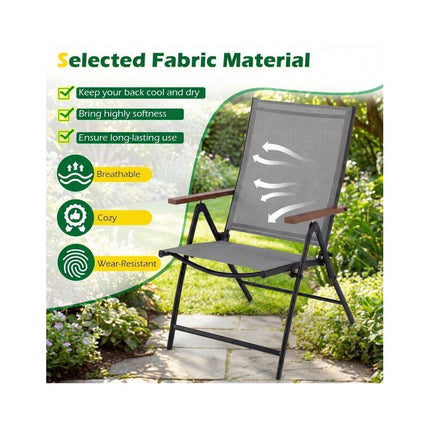 Folding Patio Chairs Set of 4 with Adjustable Backrest, Grey, Breathable Fabric