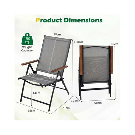 Folding Patio Chairs Set of 4 with Adjustable Backrest, Grey, Breathable Fabric