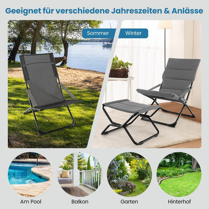 Klappbarer Terrassenstuhl mit Ottomane und abnehmbarem Kissen, Outdoor-Liege, Grau