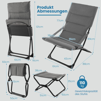Klappbarer Terrassenstuhl mit Ottomane und abnehmbarem Kissen, Outdoor-Liege, Grau