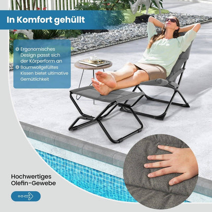 Klappbarer Terrassenstuhl mit Ottomane und abnehmbarem Kissen, Outdoor-Liege, Grau