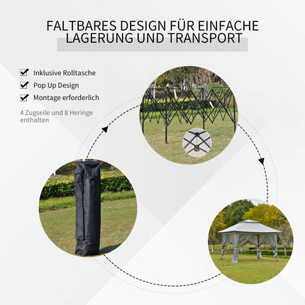 Šedý pop-up zahradní pavilon s pojízdnou taškou, 3.64x3.64m