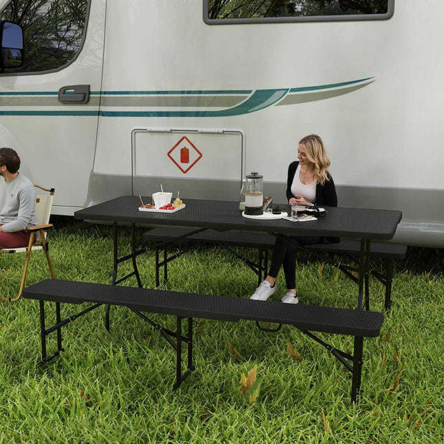 Klappbarer Picknicktisch mit 2 Bänken, 3-teilig, Schwarz, HDPE & Metall