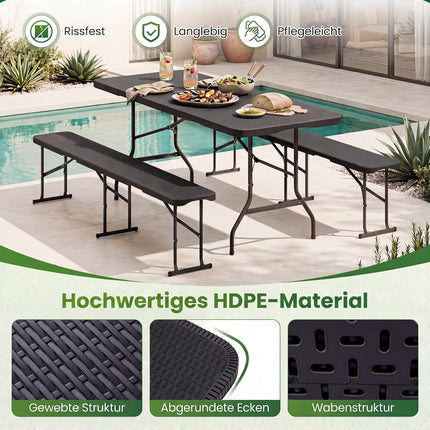 Folding Rattan-Look Beer Bench, Black, 182cm, Portable