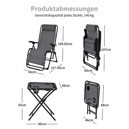 Klappbares Gartenstuhl-Set mit Liegefunktion, 2 Stühle und Tisch
