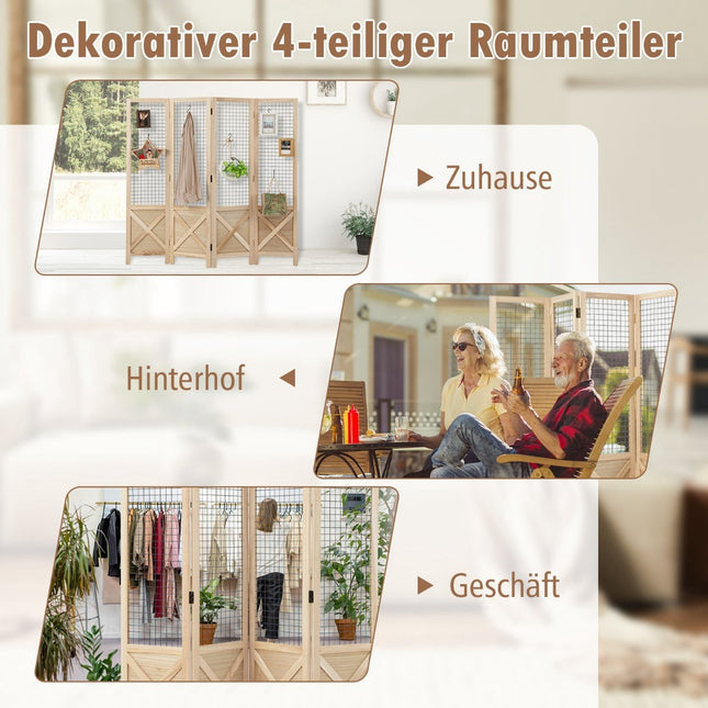 Faltbarer Raumteiler, 151x144 cm, 4-teiliger Paravent aus Holz