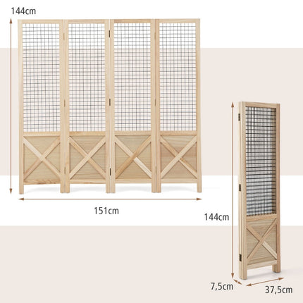 Faltbarer Raumteiler, 151x144 cm, 4-teiliger Paravent aus Holz