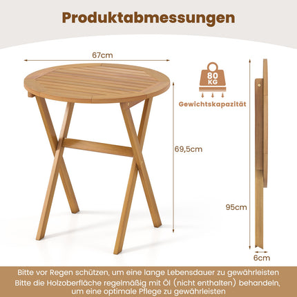 Klappbarer runder Gartentisch aus Akazienholz, 67 cm Durchmesser