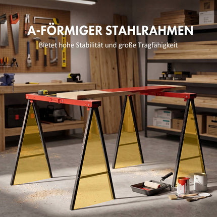 Folding Sawhorse Set of 2, Metal Work Trestles Up to 250 kg, Black, Red