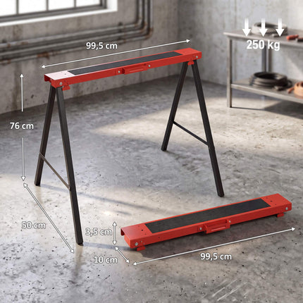 Folding Sawhorse Set of 2, Metal Work Trestles Up to 250 kg, Black, Red
