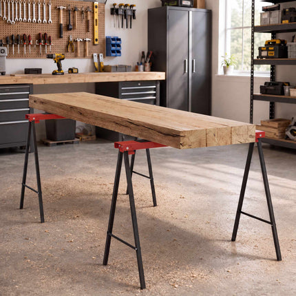 Folding Sawhorse Set of 2, Metal Work Trestles Up to 250 kg, Black, Red