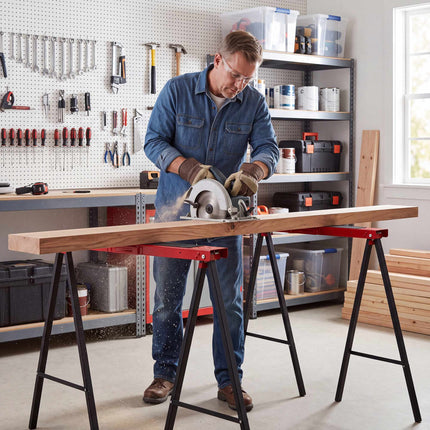 Folding Sawhorse Set of 2, Metal Work Trestles Up to 250 kg, Black, Red