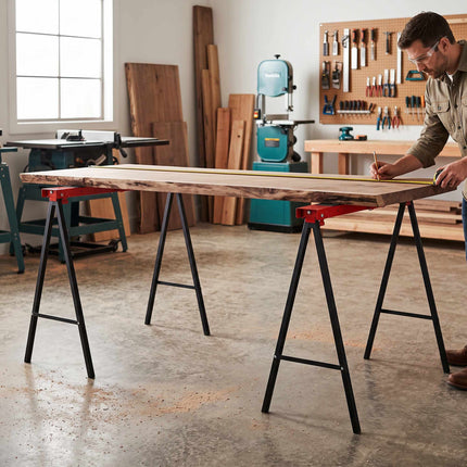 Folding Sawhorse Set of 2, Metal Work Trestles Up to 250 kg, Black, Red