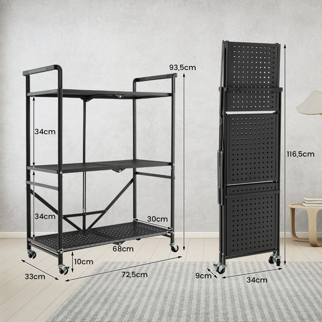 Folding Serving Trolley with 4 Wheels 3 Tier Metal Shelf for Kitchen Office Black