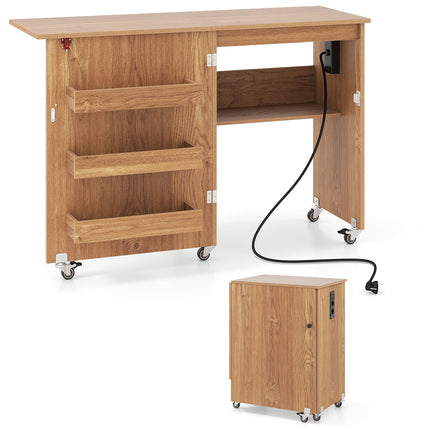 Folding Sewing Table with Charging Station & Shelves