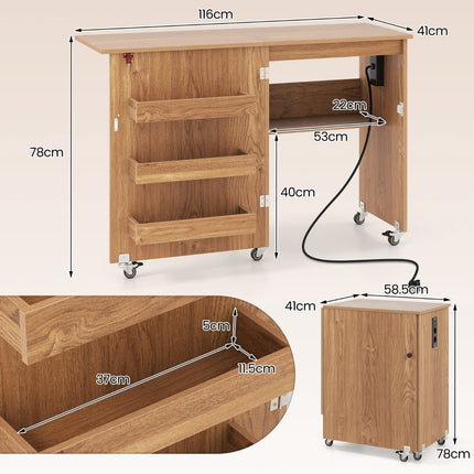 Folding Sewing Table with Charging Station & Shelves