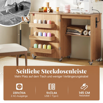 Folding Sewing Table with Charging Station & Shelves