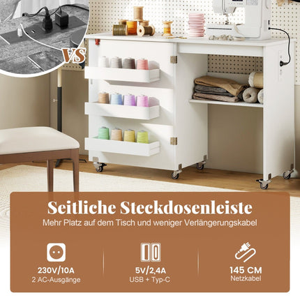 Klappbarer Nähtisch mit Ladestation, Weiß, Aufbewahrung & Rollen