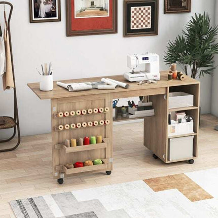 Folding Sewing Table with Storage Shelves, Brown MDF