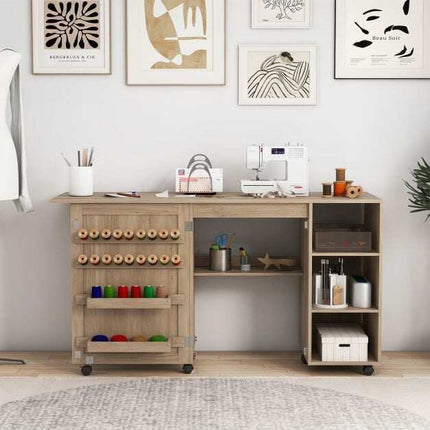 Folding Sewing Table with Storage Shelves, Brown MDF