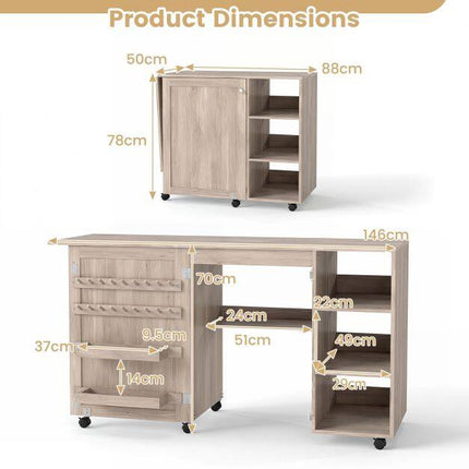 Folding Sewing Table with Storage Shelves and Casters