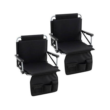 Folding Stadium Seat with Backrest and Armrests, Black, Shoulder Strap
