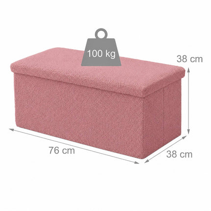 Folding Storage Bench with Teddy Fabric for 2 People, Pink, 80 L