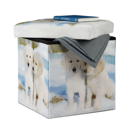 Folding Storage Ottoman with Padded Seat, 38 L, Puppy Print, Faux Leather