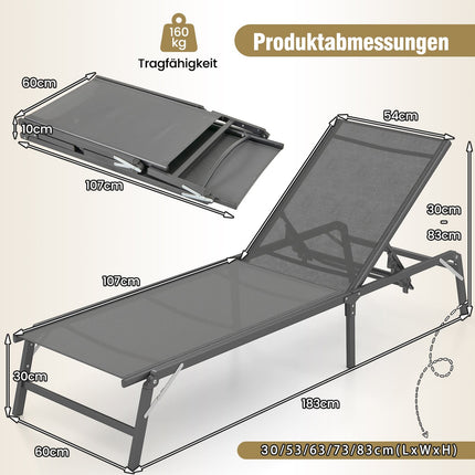 Folding Sun Lounger, 5-Position Backrest, 160kg Capacity