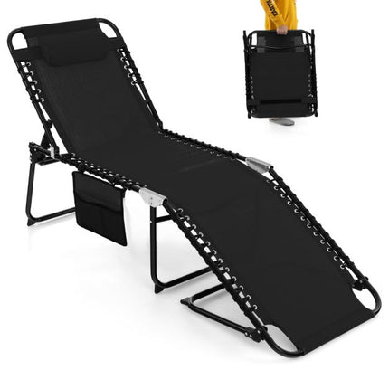 Folding Sun Lounger, Adjustable Backrest, Headrest, Side Pocket, Black
