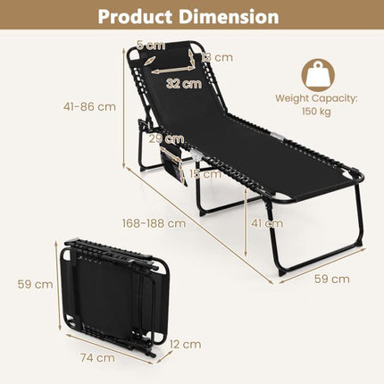 Folding Sun Lounger, Adjustable Backrest, Headrest, Side Pocket, Black